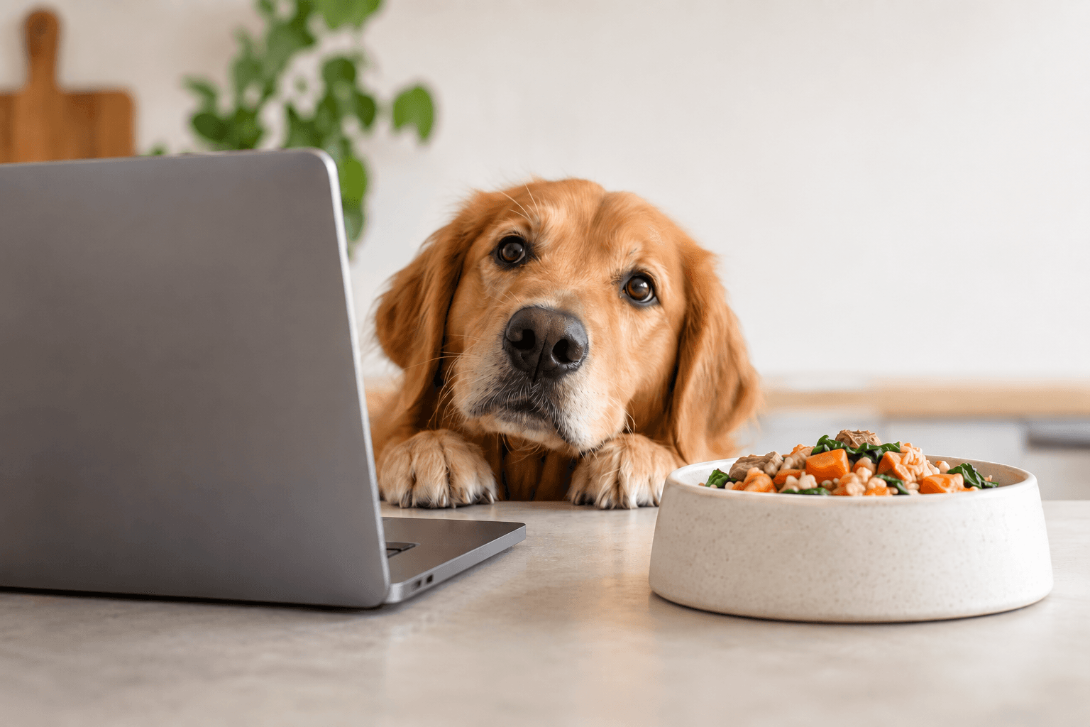 Golden retriever looking toward a laptop beside a bowl of homemade dog food.