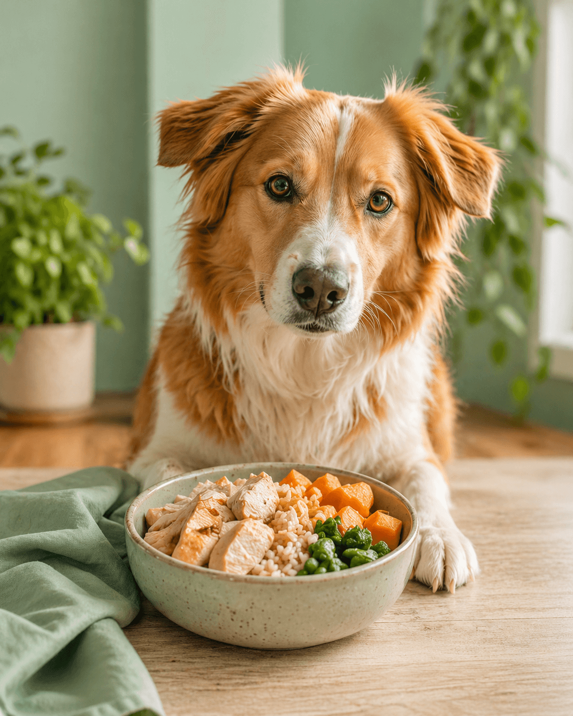 A dog beside a prepared bowl of food.